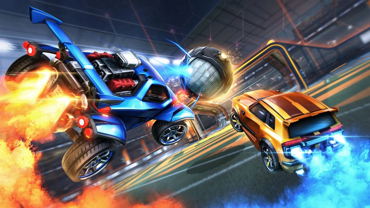 Two cars from Rocket League battling for the ball.